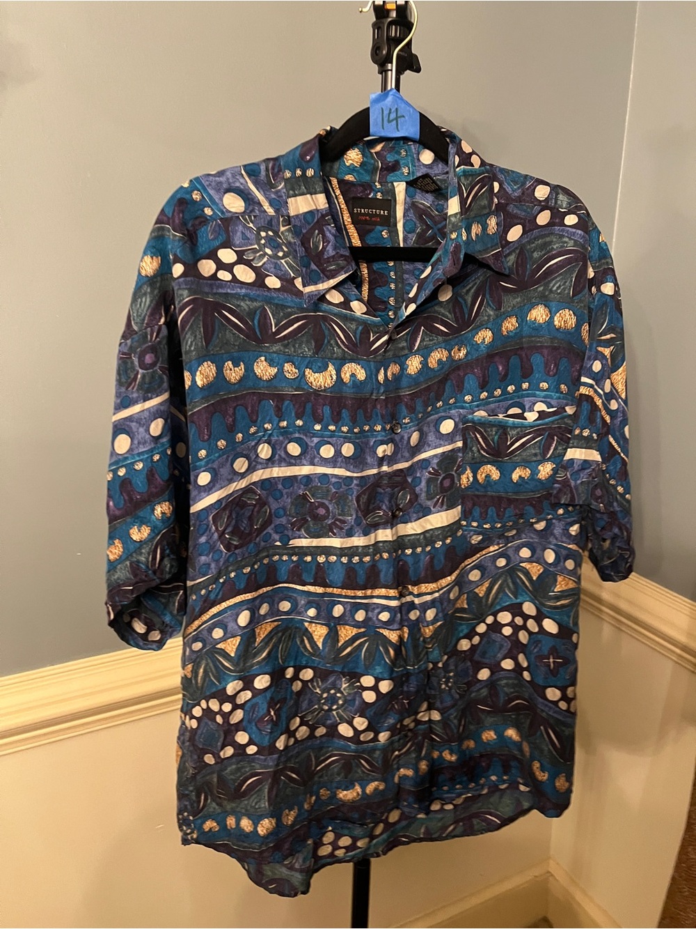 Structure Men’s Blue Patterned Casual Button-Down Shirt Vintage 100% silk